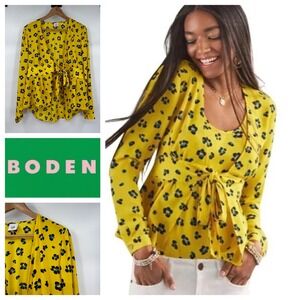 CABI Yellow Leopard Print Wrap Peplum Blouse Top Womens M Long Sleeve‎ Tie Waist